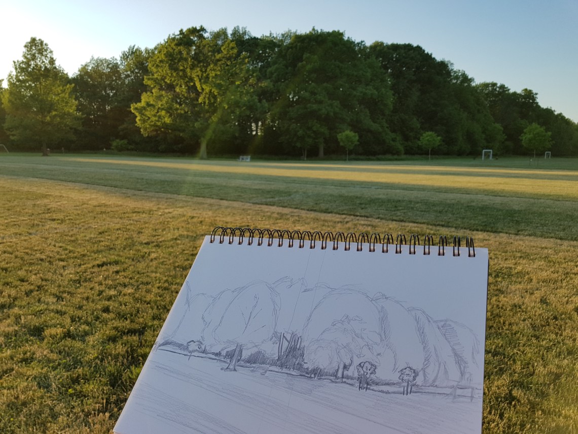 Sketch of Ghost Tree Landscape, Churchill Park, Hamilton (Ont).  Photo taken on June 17th, 2016